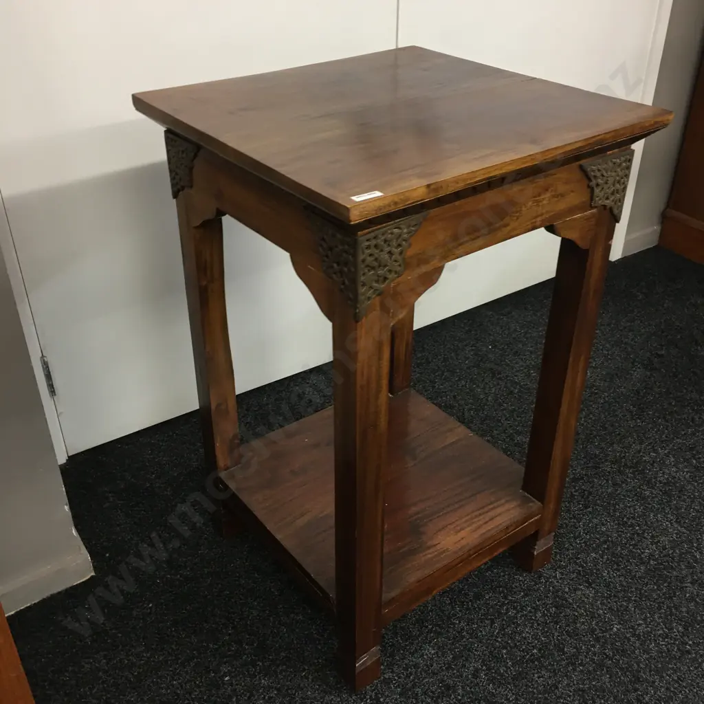 Vintage Teak 2 Tier Side Table With Ornate Pierced Brass Corner Detailing. H80 W49 D49cm Image 1++