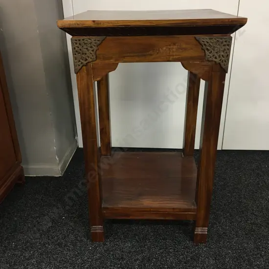 Vintage Teak 2 Tier Side Table With Ornate Pierced Brass Corner Detailing. H80 W49 D49cm