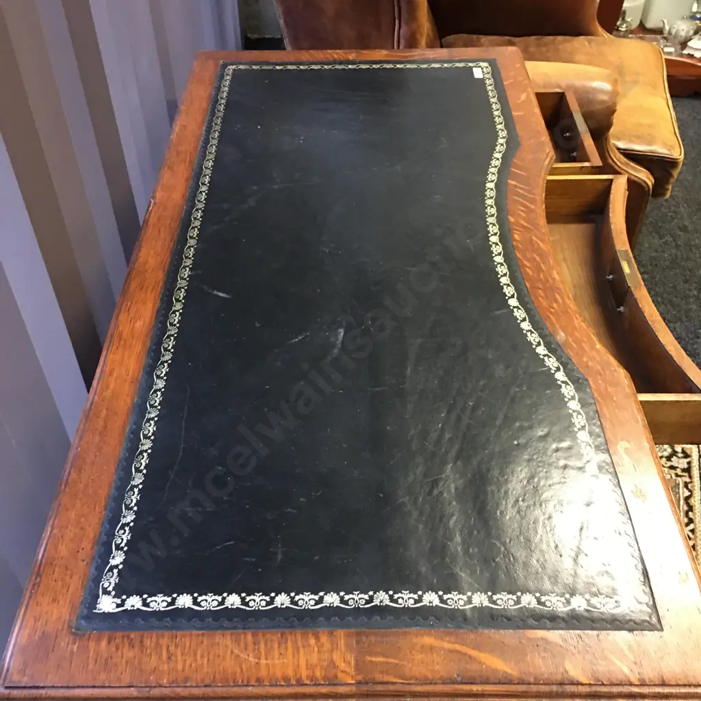 Antique Oak Leather Top Desk With 5 Drawers, Brass Castors. H76 W106 D54cm Image 1++