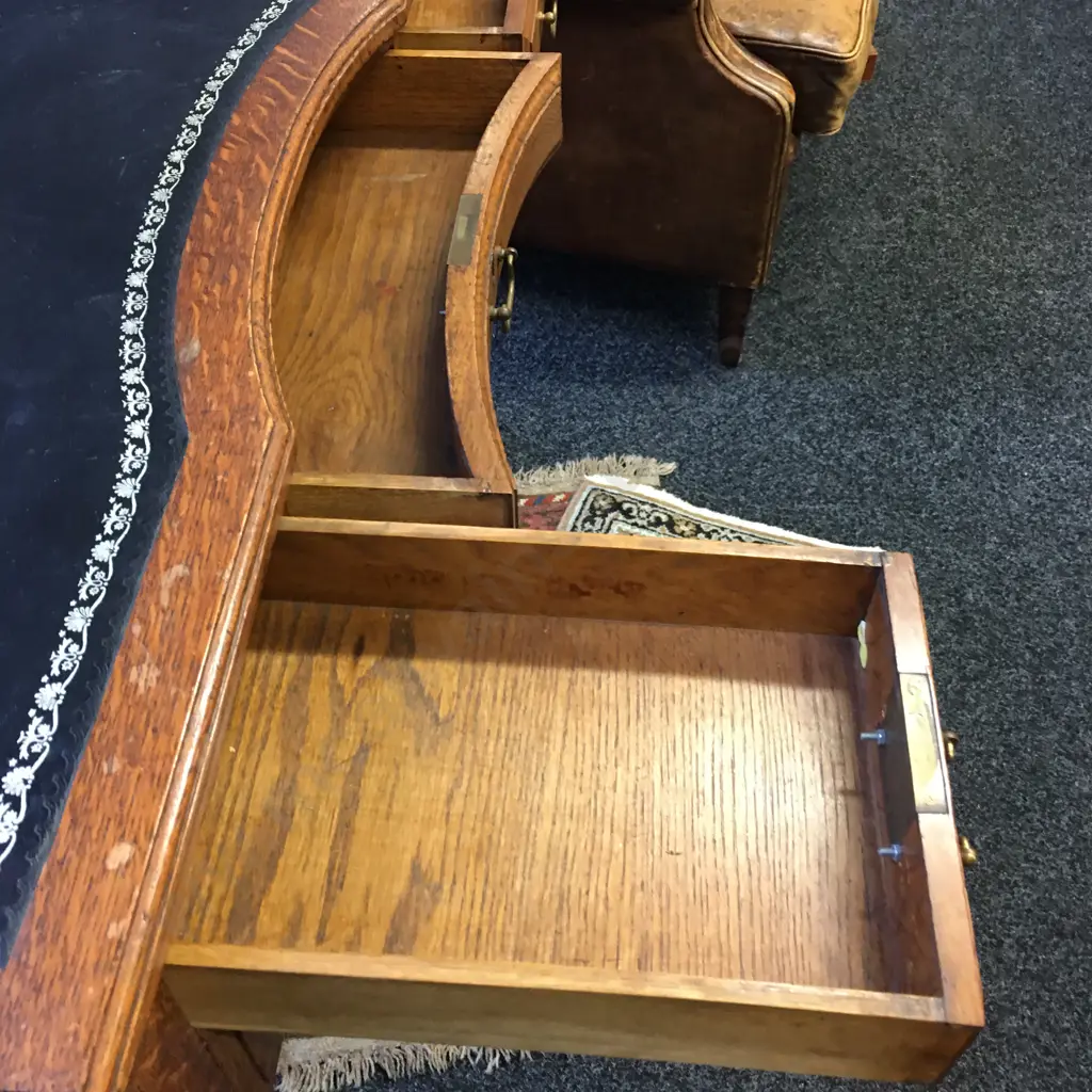 Antique Oak Leather Top Desk With 5 Drawers, Brass Castors. H76 W106 D54cm Image 1++