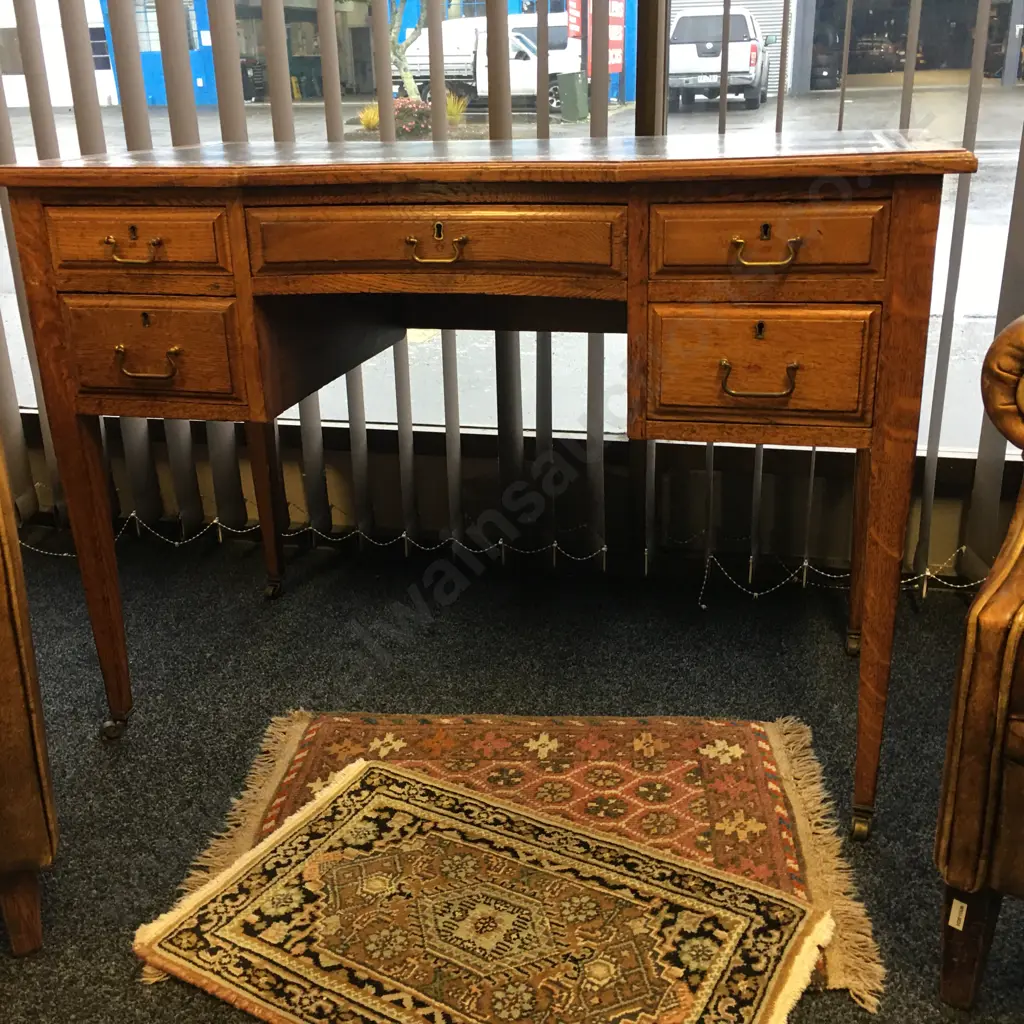 Antique Oak Leather Top Desk With 5 Drawers, Brass Castors. H76 W106 D54cm Image 1++
