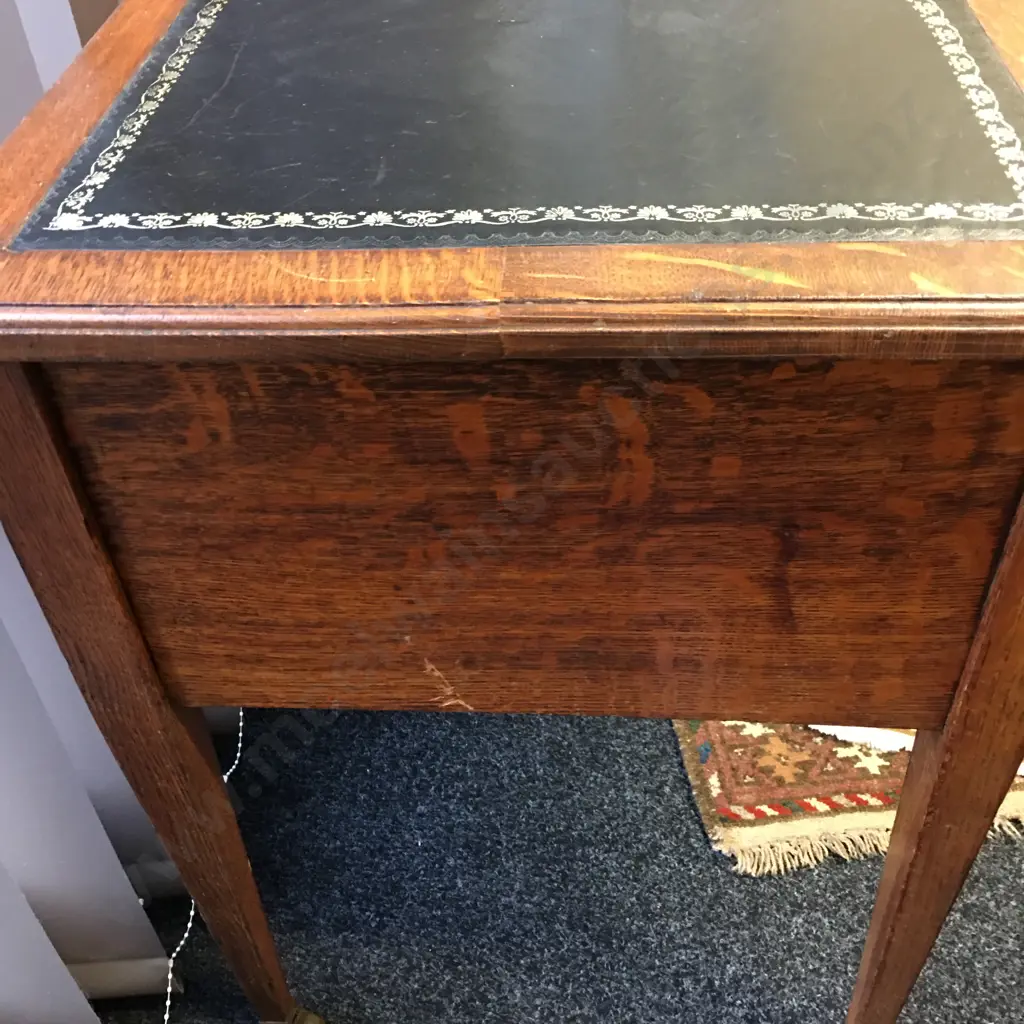 Antique Oak Leather Top Desk With 5 Drawers, Brass Castors. H76 W106 D54cm Image 1++
