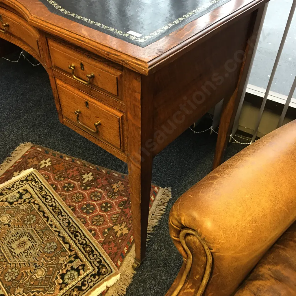 Antique Oak Leather Top Desk With 5 Drawers, Brass Castors. H76 W106 D54cm Image 1++