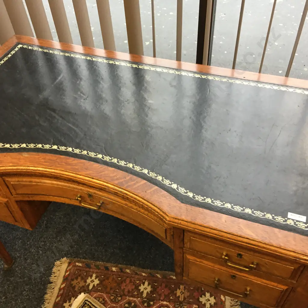Antique Oak Leather Top Desk With 5 Drawers, Brass Castors. H76 W106 D54cm Image 1++