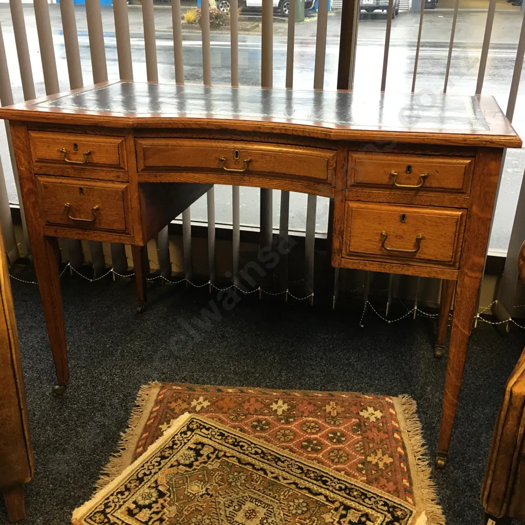 Antique Oak Leather Top Desk With 5 Drawers, Brass Castors. H76 W106 D54cm Image 1++