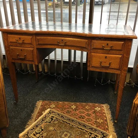 Antique Oak Leather Top Desk With 5 Drawers, Brass Castors. H76 W106 D54cm