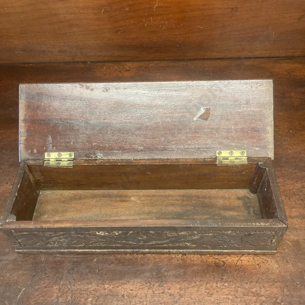 Vintage Pokerwork Wooden Box With Heraldic Lions Image 1++