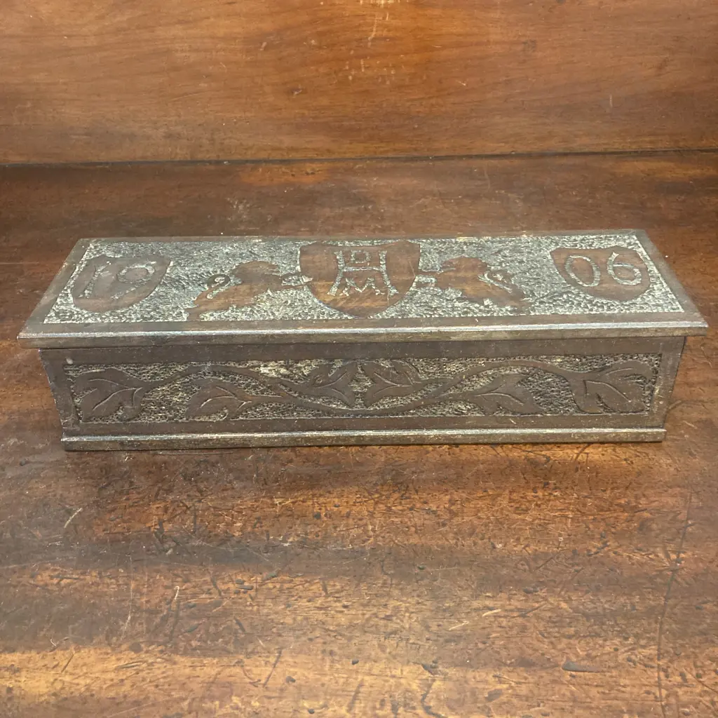 Vintage Pokerwork Wooden Box With Heraldic Lions Image 1++