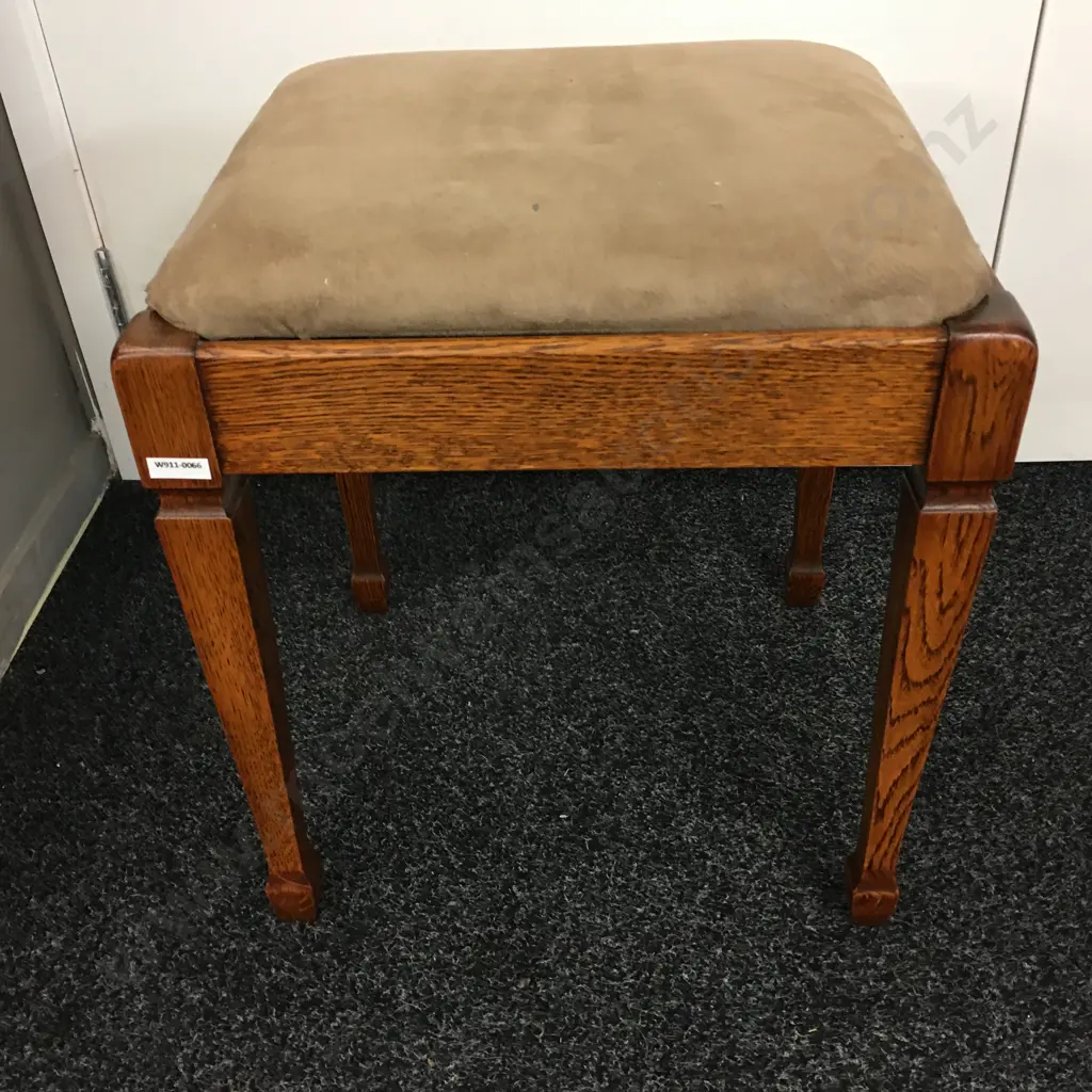 Vintage Oak Upholstered Footstool, Spade Legs, Fawn Microsuede. H48 W43 D38cm Image 1++