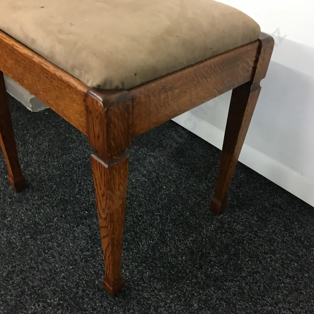 Vintage Oak Upholstered Footstool, Spade Legs, Fawn Microsuede. H48 W43 D38cm Image 1++