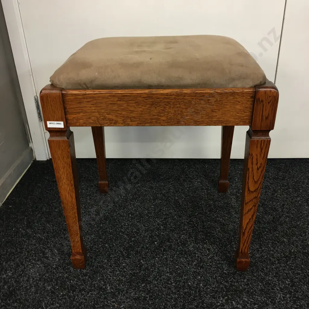 Vintage Oak Upholstered Footstool, Spade Legs, Fawn Microsuede. H48 W43 D38cm Image 1++