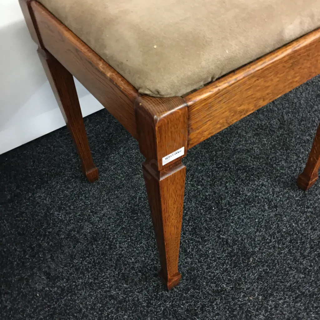 Vintage Oak Upholstered Footstool, Spade Legs, Fawn Microsuede. H48 W43 D38cm Image 1++