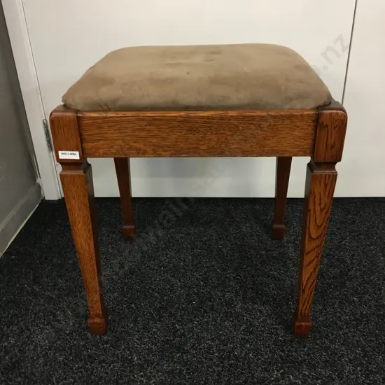 Vintage Oak Upholstered Footstool, Spade Legs, Fawn Microsuede. H48 W43 D38cm