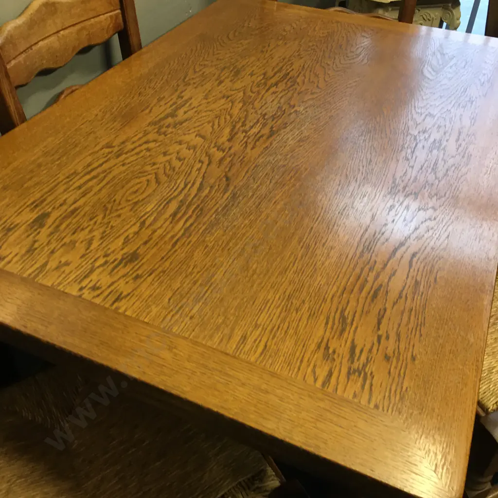 Oak Drawleaf Extension Table, H75 W130 D85cm With a Set of Four Oak Arts & Crafts Rush Seated Ladder Back Dining Chairs Image 1++