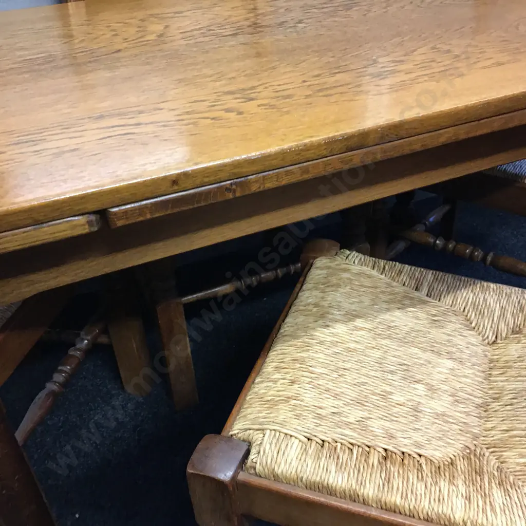 Oak Drawleaf Extension Table, H75 W130 D85cm With a Set of Four Oak Arts & Crafts Rush Seated Ladder Back Dining Chairs Image 1++