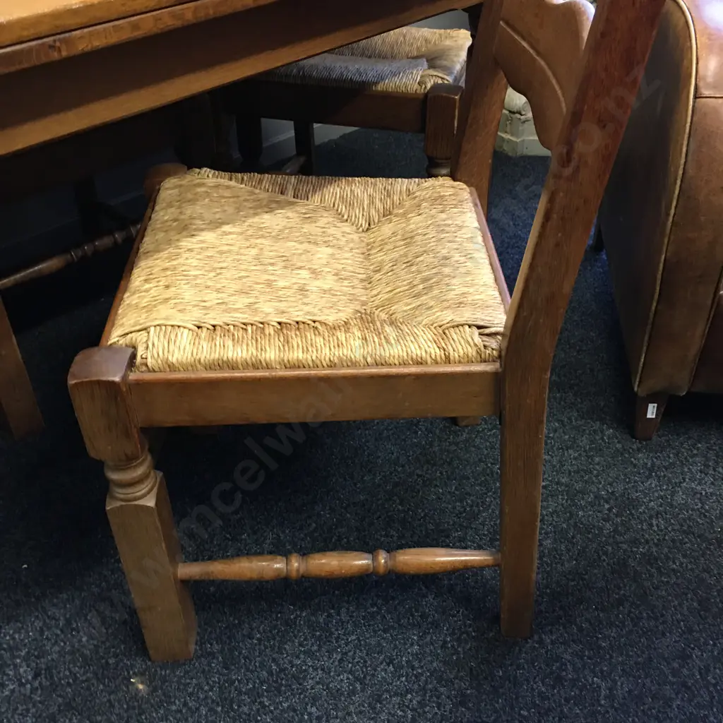 Oak Drawleaf Extension Table, H75 W130 D85cm With a Set of Four Oak Arts & Crafts Rush Seated Ladder Back Dining Chairs Image 1++
