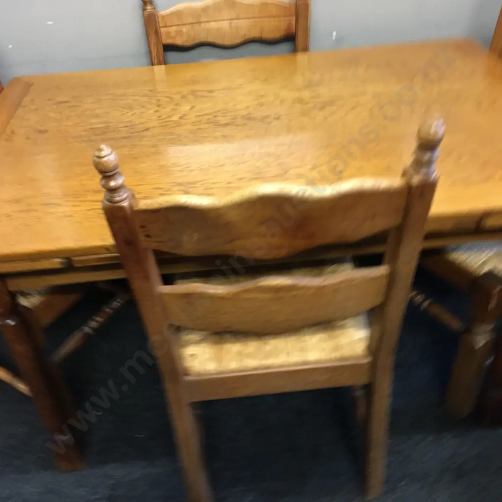 Oak Drawleaf Extension Table, H75 W130 D85cm With a Set of Four Oak Arts & Crafts Rush Seated Ladder Back Dining Chairs Image 1++