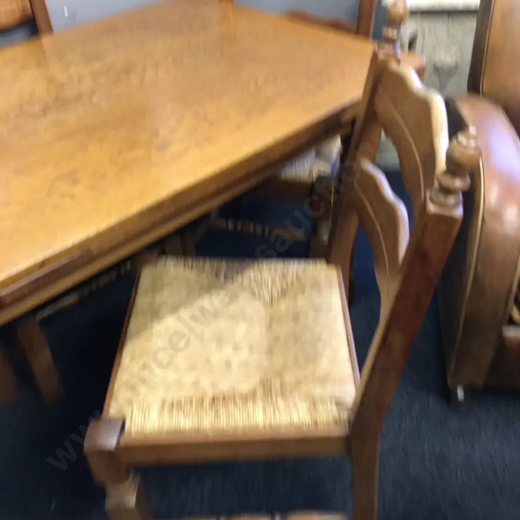 Oak Drawleaf Extension Table, H75 W130 D85cm With a Set of Four Oak Arts & Crafts Rush Seated Ladder Back Dining Chairs Image 1++