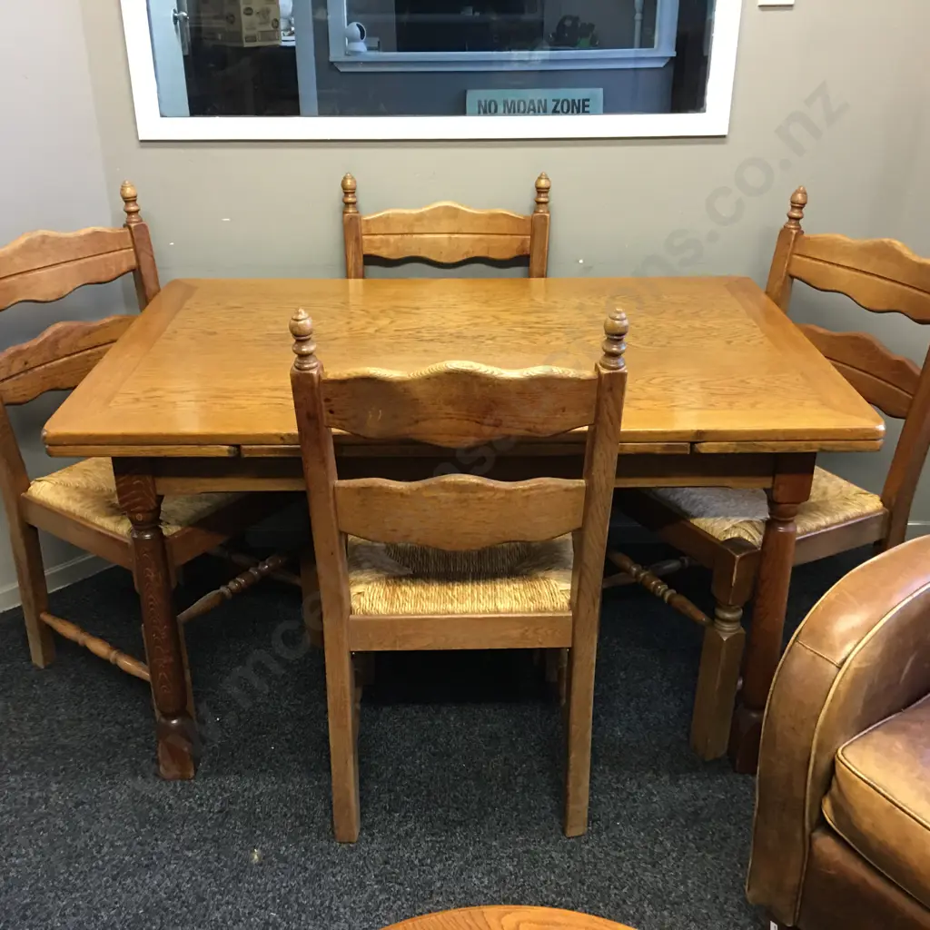 Oak Drawleaf Extension Table, H75 W130 D85cm With a Set of Four Oak Arts & Crafts Rush Seated Ladder Back Dining Chairs Image 1++