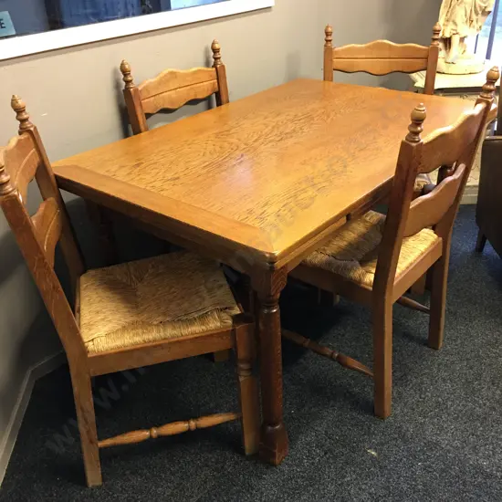 Oak Drawleaf Extension Table, H75 W130 D85cm With a Set of Four Oak Arts & Crafts Rush Seated Ladder Back Dining Chairs