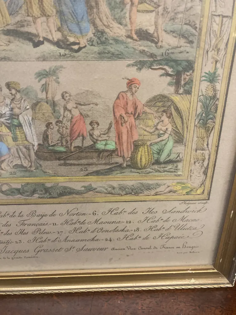 Framed Print 'Tableau Del Decouverter Du Cephe Cook Dula Lerouse' French Hand Coloured Engraving. 49 x 56cm Image 1++