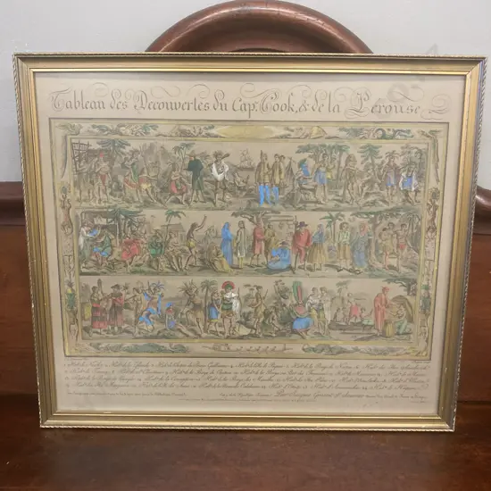 Framed Print 'Tableau Del Decouverter Du Cephe Cook Dula Lerouse' French Hand Coloured Engraving. 49 x 56cm
