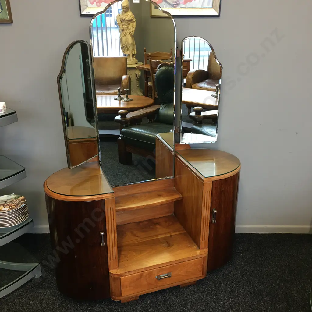 Art Deco Walnut Dressing Table, Wing Mirrors, Original Handles. H153 W107 D45cm Image 1++