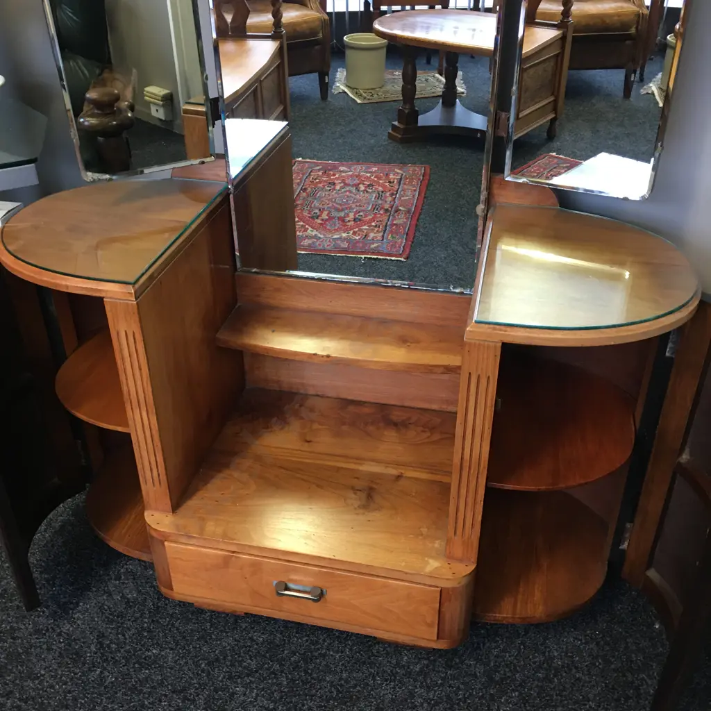 Art Deco Walnut Dressing Table, Wing Mirrors, Original Handles. H153 W107 D45cm Image 1++