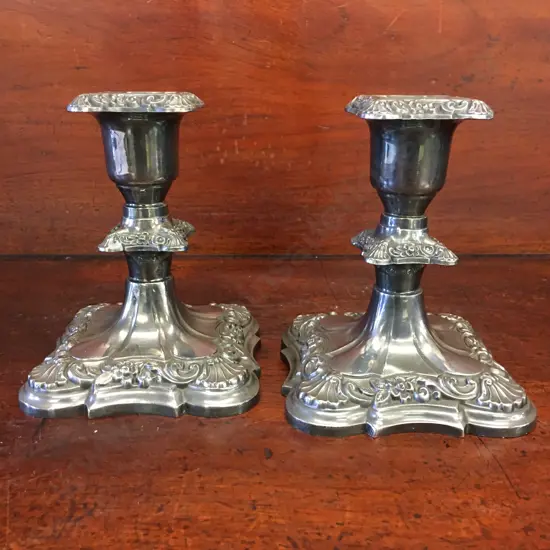Pair Of Vintage Poole Old English Silver Plated Candlesticks 5015 H14cm.