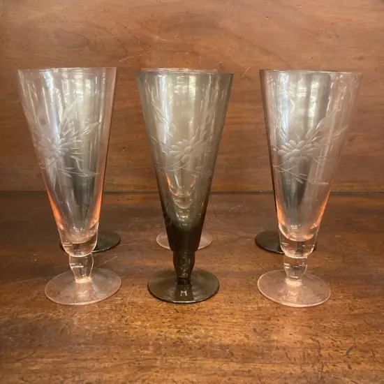 Set of 6 Vintage Etched Fluted Glasses. H18cm (Sold with 24)