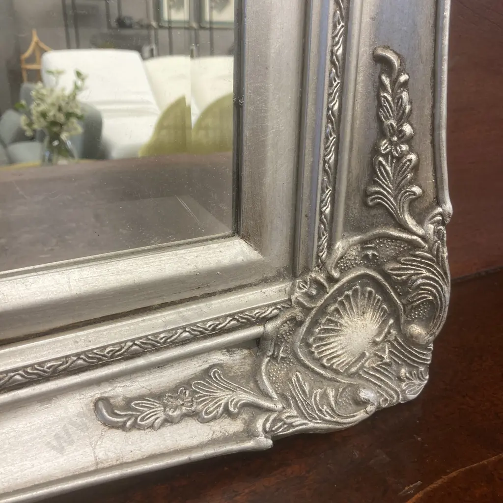 Vintage Bevelled Edge Wall Mirror With a Ornate Silver Painted Wooden Frame. 77 x 107cm Image 1++