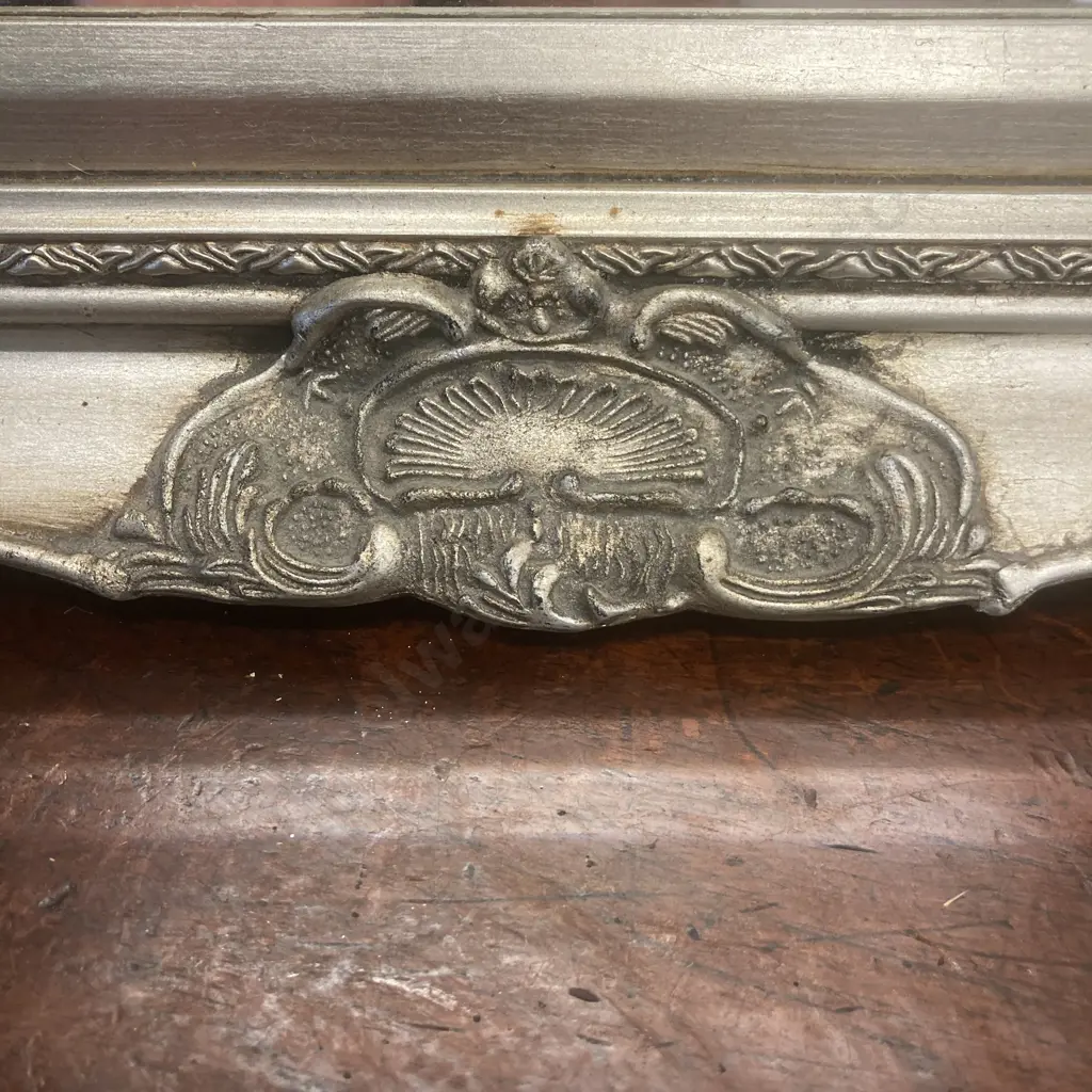 Vintage Bevelled Edge Wall Mirror With a Ornate Silver Painted Wooden Frame. 77 x 107cm Image 1++