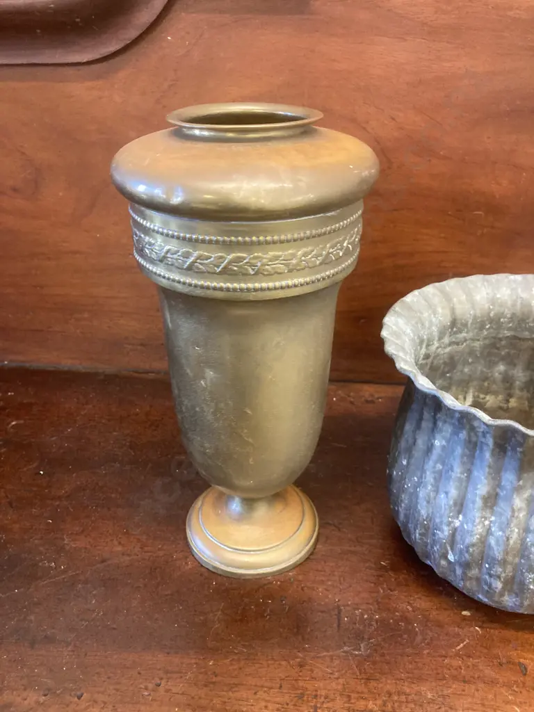 Pair of Vintage Brass Vases / Urns. 26 x 12.5cm With Small Flared Top Brass Planter Image 1++