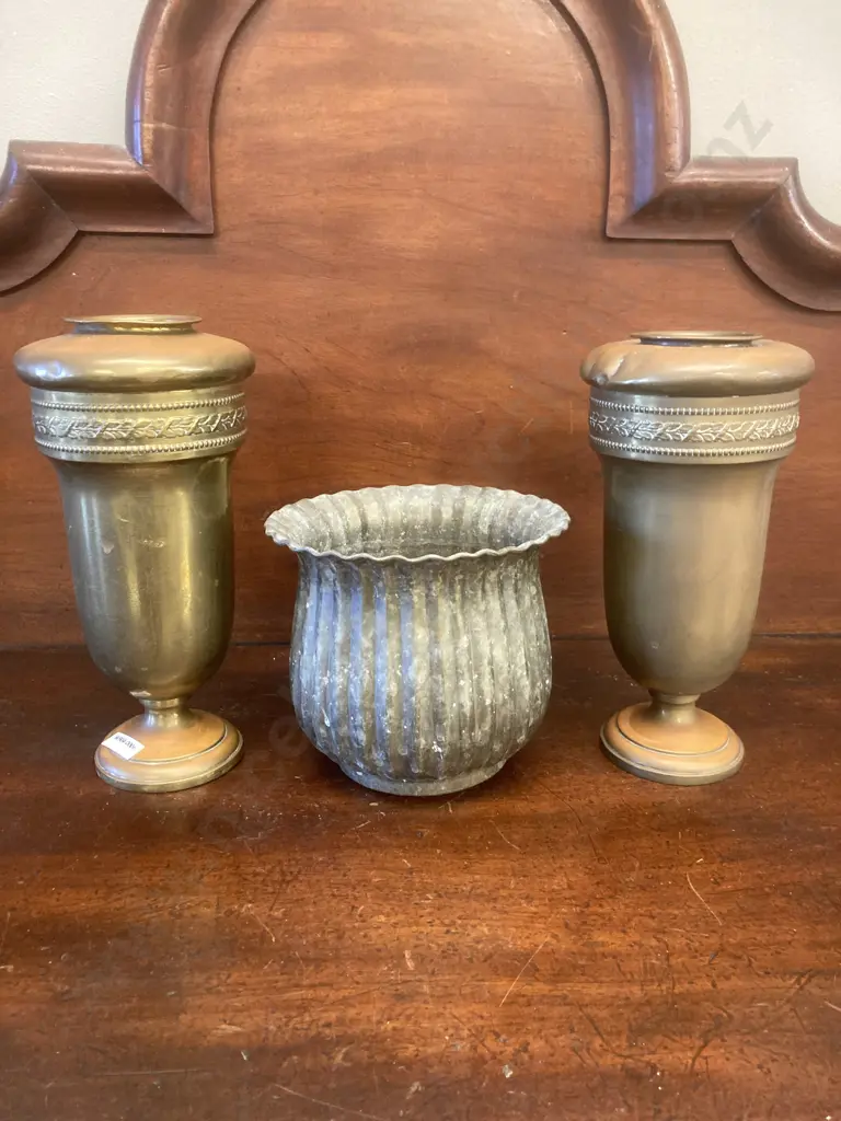 Pair of Vintage Brass Vases / Urns. 26 x 12.5cm With Small Flared Top Brass Planter Image 1++