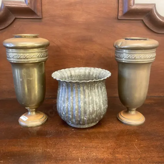 Pair of Vintage Brass Vases / Urns. 26 x 12.5cm With Small Flared Top Brass Planter