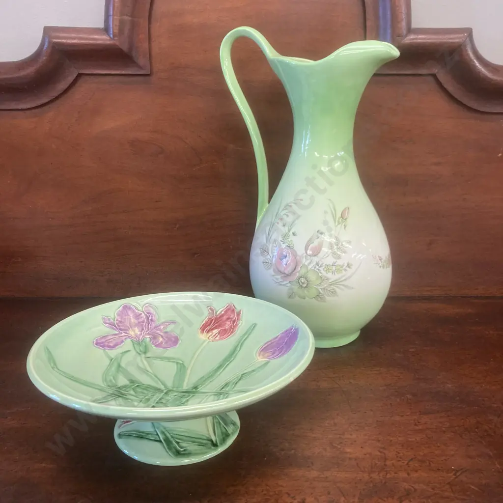 West German Pedestal Bowl #723 With Pitcher With Floral Detail Image 1++