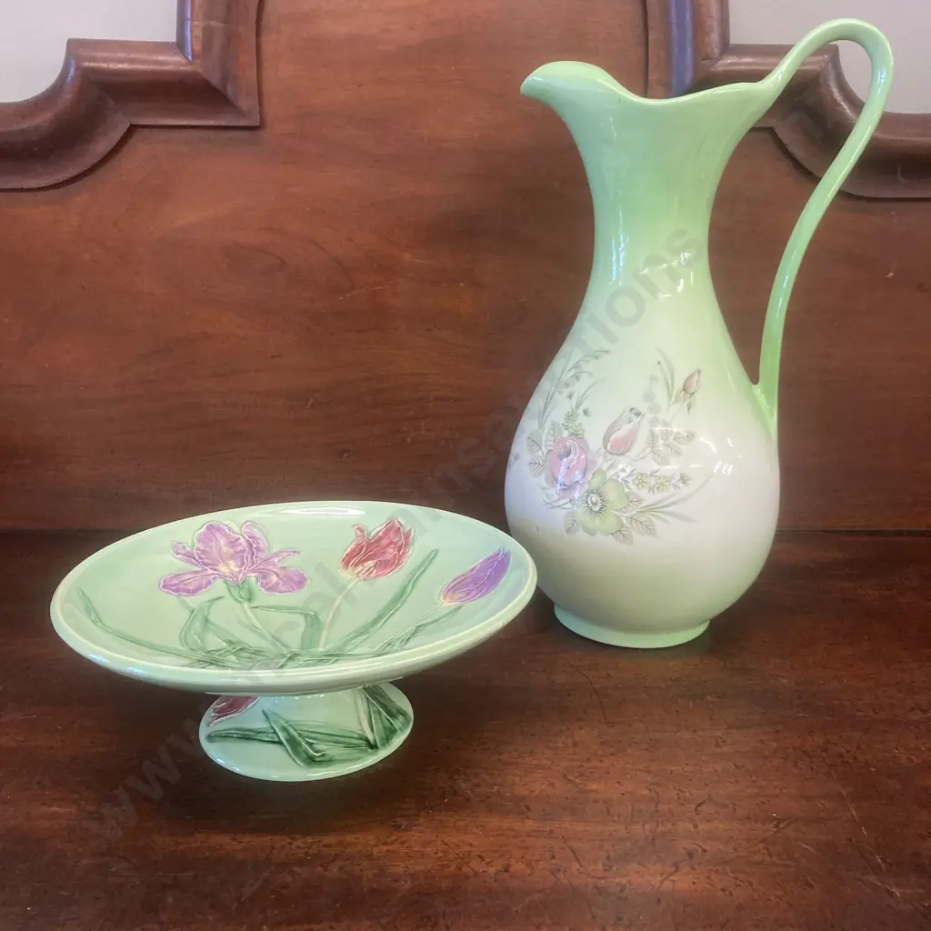 West German Pedestal Bowl #723 With Pitcher With Floral Detail Image 1++