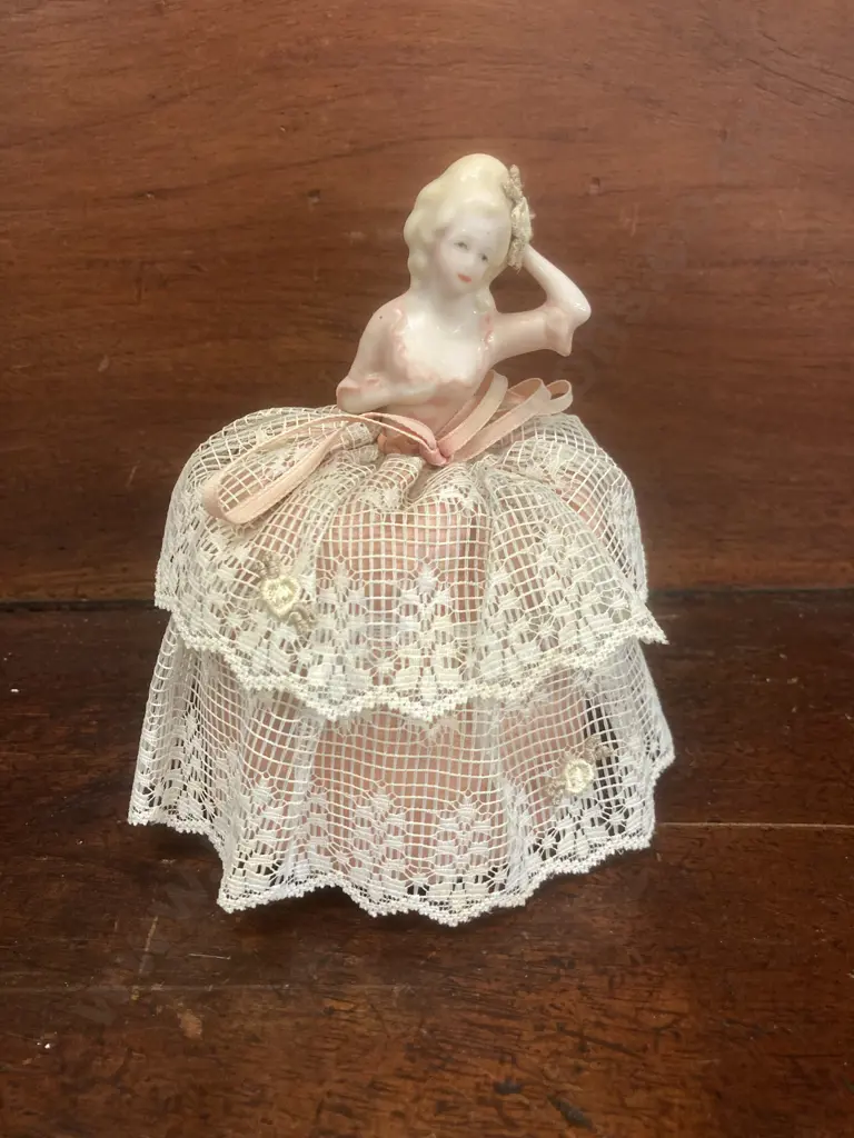 Antique 1920's Porcelain Half Doll Pin Cushion. 15cm Image 1++