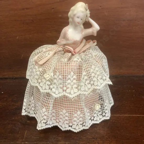 Antique 1920's Porcelain Half Doll Pin Cushion. 15cm