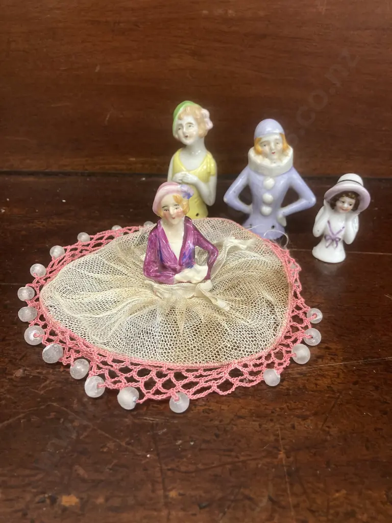 Antique Porcelain Half Doll Jug Cover With Net Skirt & Beads, 3 Assorted Half Dolls Image 1++