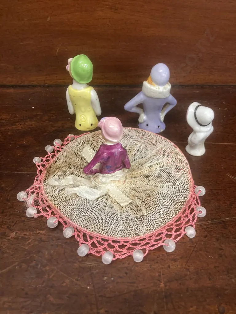 Antique Porcelain Half Doll Jug Cover With Net Skirt & Beads, 3 Assorted Half Dolls Image 1++