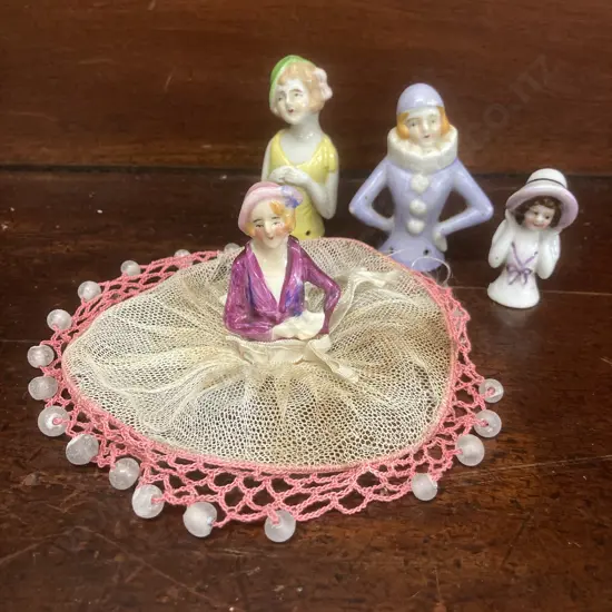 Antique Porcelain Half Doll Jug Cover With Net Skirt & Beads, 3 Assorted Half Dolls