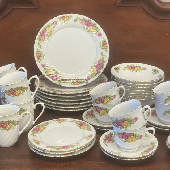 Vintage Regent China English Rose Dinnerware, 8x Duo's, 8x Coffee Cups, 7x 25cm Dinner Plates, 7x Bowls, 3x Small Plates