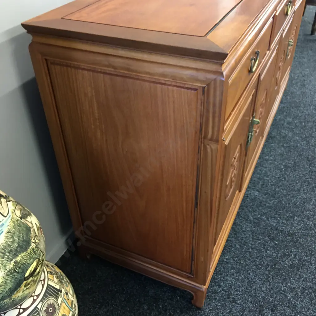 Large Mahogany Chinese Buffet, 3 Drawer, 4 Doors With Carved Panels, Brass Handles. H86 W168 D478cm Image 1++