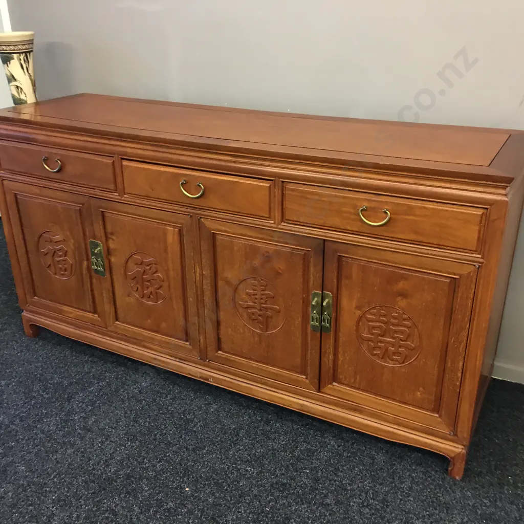 Large Mahogany Chinese Buffet, 3 Drawer, 4 Doors With Carved Panels, Brass Handles. H86 W168 D478cm Image 1++