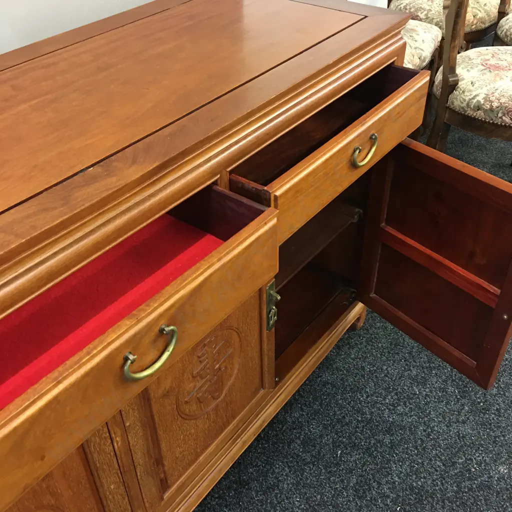 Large Mahogany Chinese Buffet, 3 Drawer, 4 Doors With Carved Panels, Brass Handles. H86 W168 D478cm Image 1++