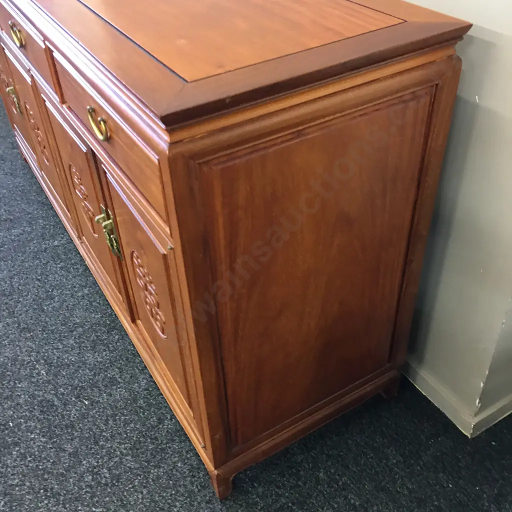 Large Mahogany Chinese Buffet, 3 Drawer, 4 Doors With Carved Panels, Brass Handles. H86 W168 D478cm Image 1++