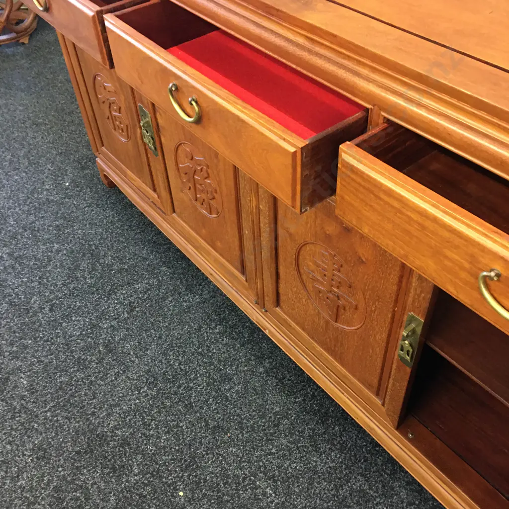 Large Mahogany Chinese Buffet, 3 Drawer, 4 Doors With Carved Panels, Brass Handles. H86 W168 D478cm Image 1++