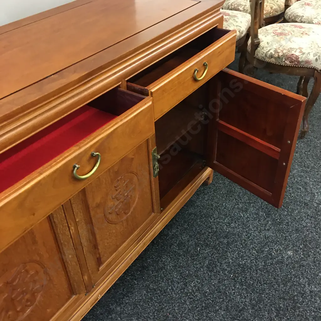 Large Mahogany Chinese Buffet, 3 Drawer, 4 Doors With Carved Panels, Brass Handles. H86 W168 D478cm Image 1++