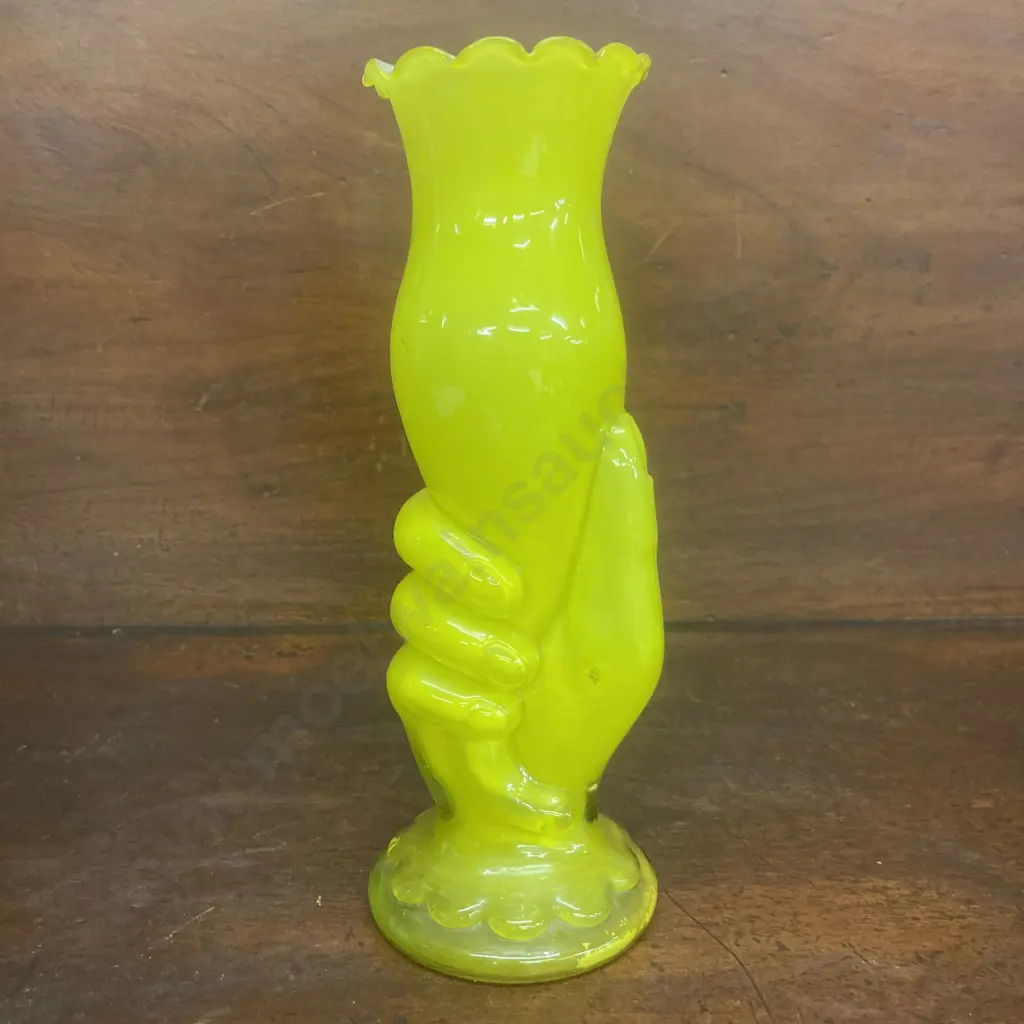 Vintage Yellow Opaline Art Glass Ladies Hand Holding a Vase. H22.5cm Image 1++